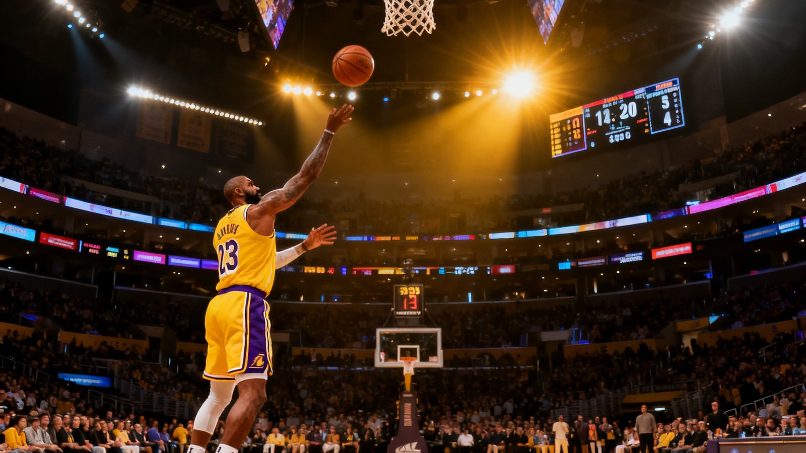 NBA西部决赛现场，湖人队球星在三分线外急停跳投，篮球划出优美弧线飞向篮筐，球馆内灯光聚焦在球场中央，计分板显示比分紧咬