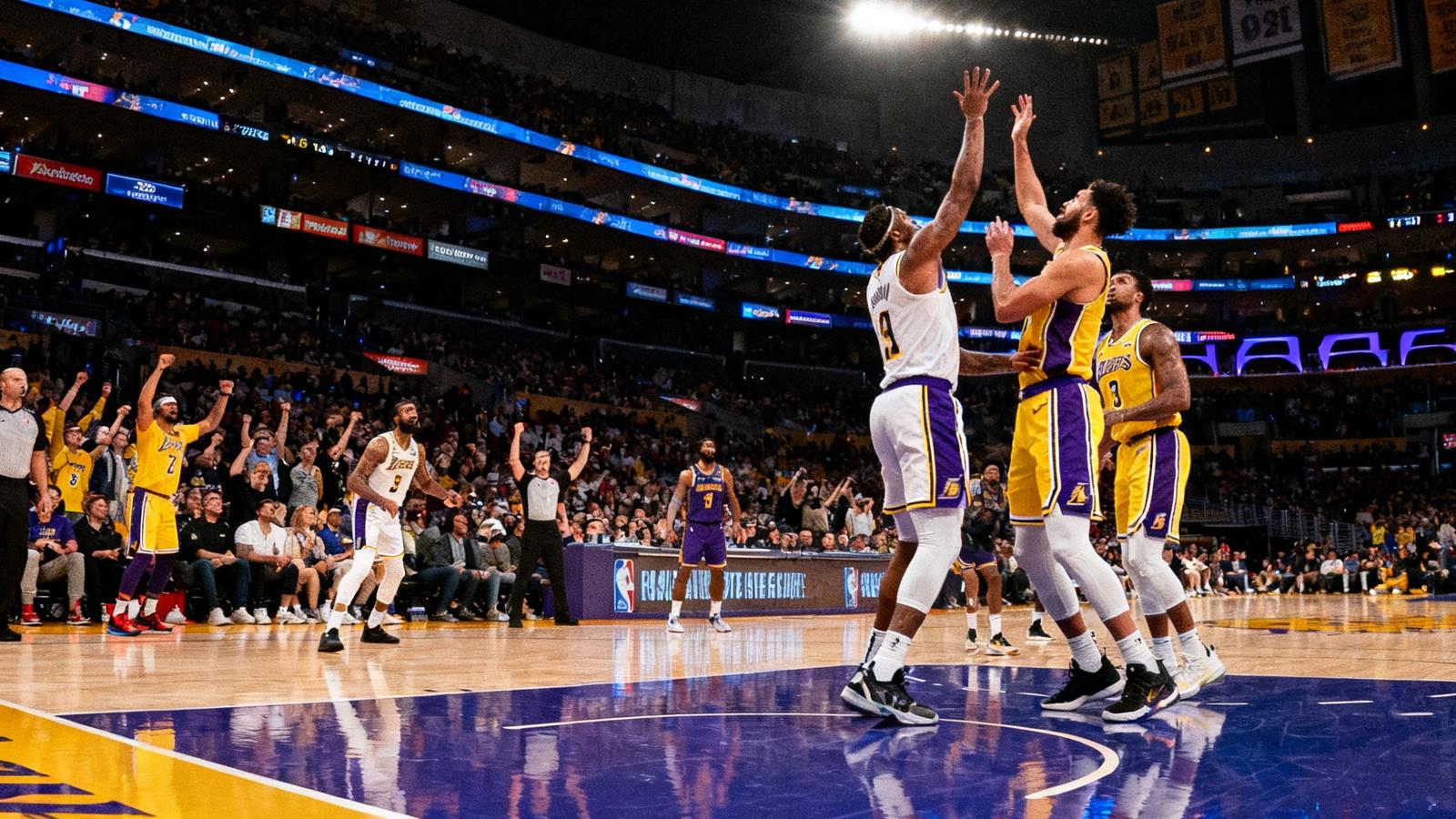 洛杉矶斯台普斯中心球馆内正在进行NBA常规赛，湖人队球员在篮下激烈对抗，球场地板反光映出明亮的灯光，现场气氛热烈